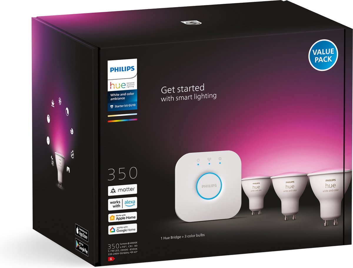 Philips Hue Starter Kit: 3x White & Color Ambiance GU10 + Bridge 2.0