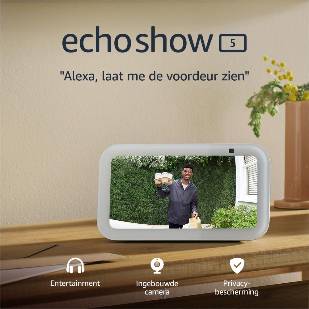 Amazon Echo Show 5 (3e generatie) | Slim scherm en slimme wekker met scherpe geluidskwaliteit | Smartspeaker met wifi, bluetooth en Alexa (spreekt Nederlands) | Wit