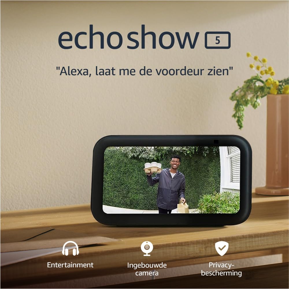 Amazon Echo Show 5 (3e generatie) | Slim scherm en slimme wekker met scherpe geluidskwaliteit | Smartspeaker met wifi, bluetooth en Alexa (spreekt Nederlands) | Wit