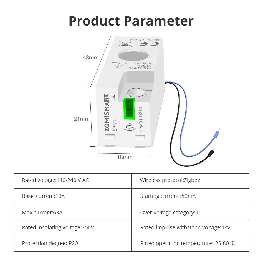 Zemismart SPM01-D2TZ | 1-fase 63A - Zigbee Smart Energiemeter