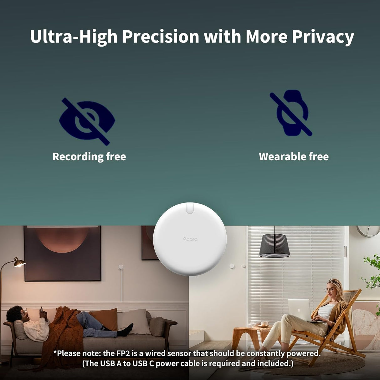 Aqara Aanwezigheids Sensor FP2, mmWave Radar bekabelde Beweging Sensor, zonepositionering, multi-persoon & val-detectie, hoge precisie, ondersteunt HomeKit, Alexa, Google, SmartThings, Home Assistant