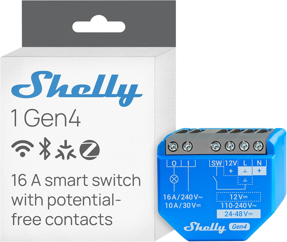 Shelly 1 Gen4 | Slimme inbouwschakelaar met potentiaalvrij relais, Wi-Fi, Zigbee en Matter
