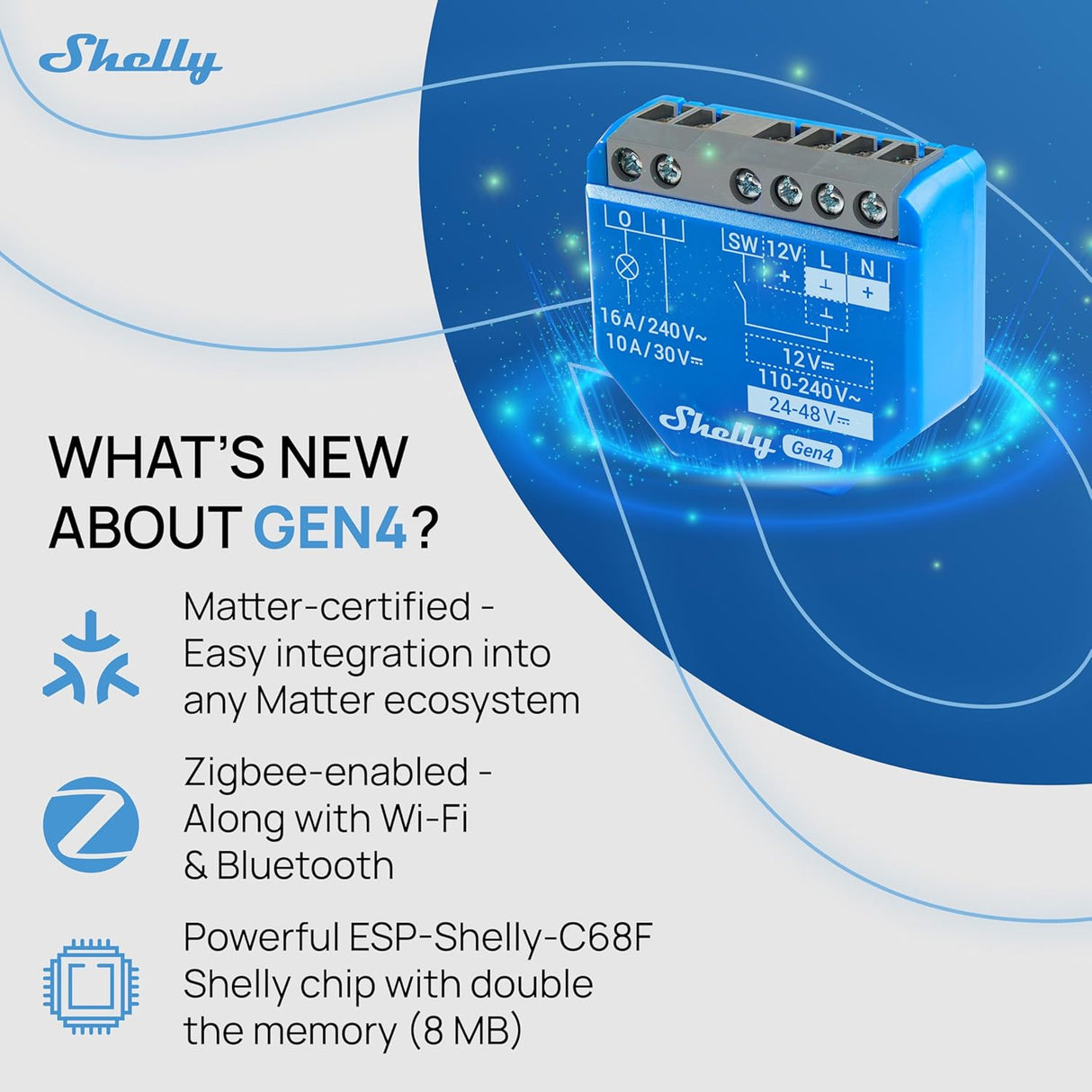 Shelly 1 Gen4 | Slimme inbouwschakelaar met potentiaalvrij relais, Wi-Fi, Zigbee en Matter