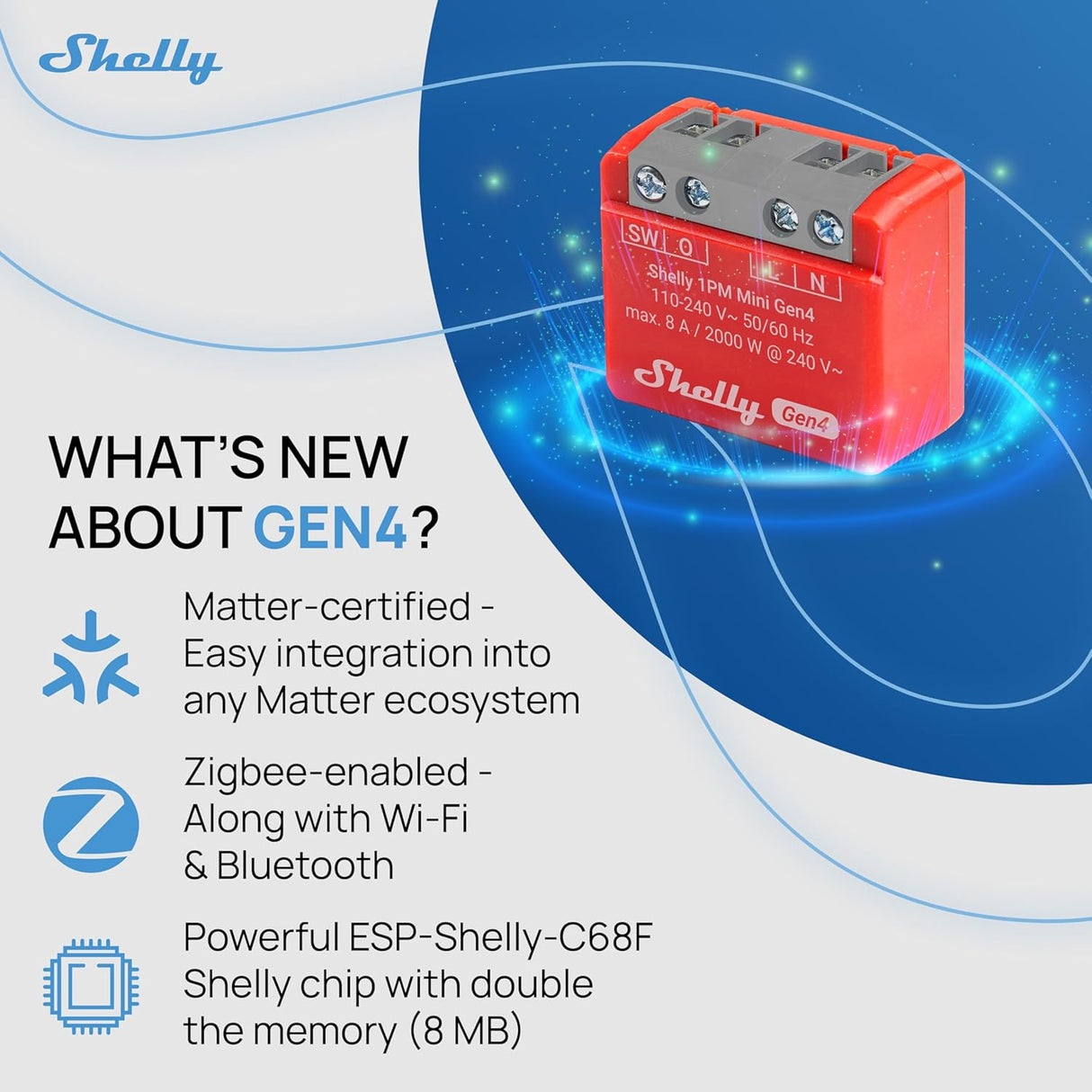 Shelly 1PM Mini Gen4 | Compacte inbouwschakelaar met stroommeting, Wi-Fi, Zigbee en Matter