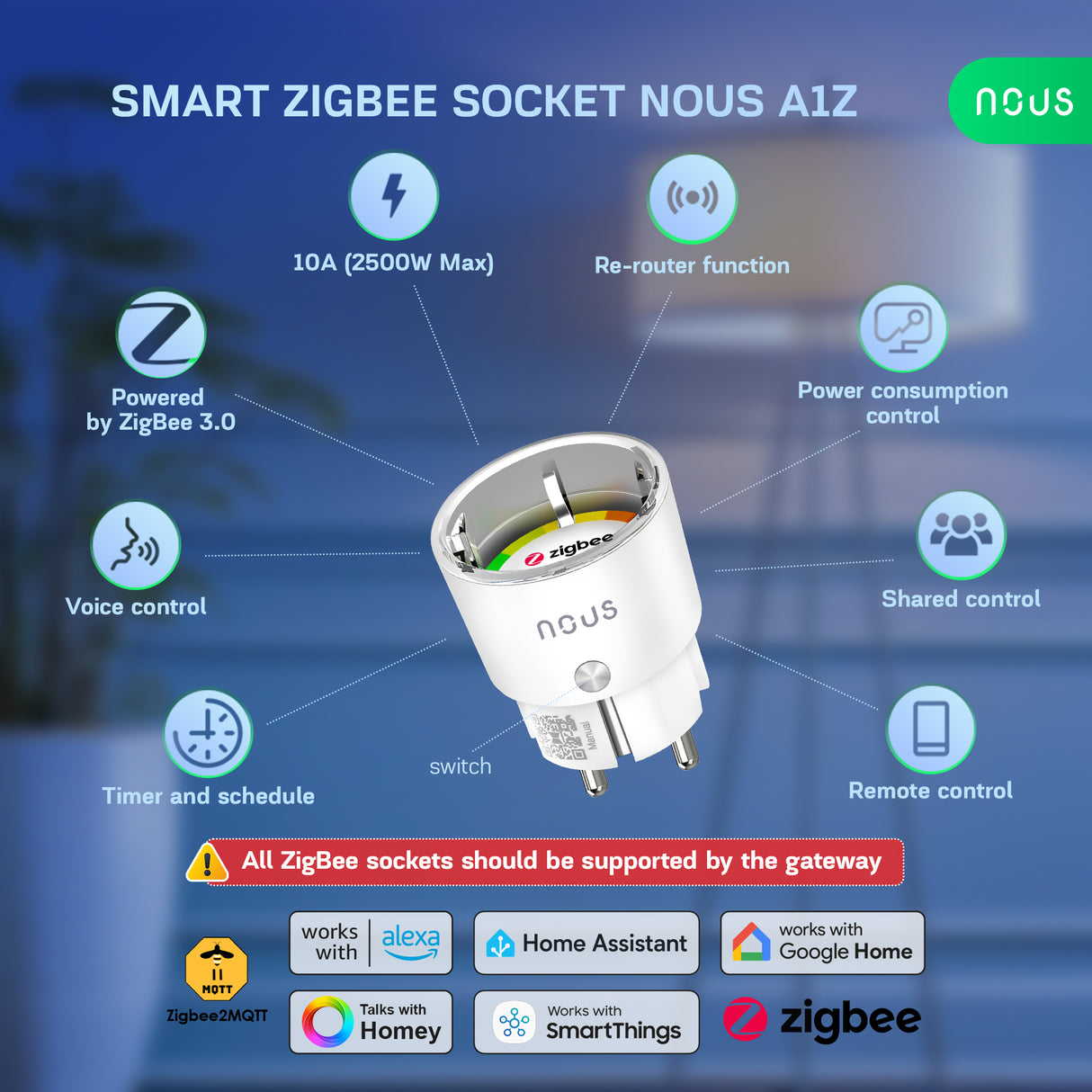 Nous A1Z Zigbee Smart Plug with Power Monitoring | 2500W 16A | Type F