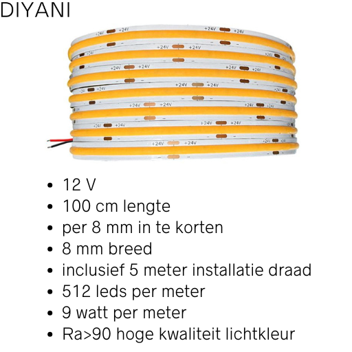 1 meter COB LED Strip - Warm Wit 3000K - 12V - inclusief 5 meter draad - 512 leds p/m - 9W p/m