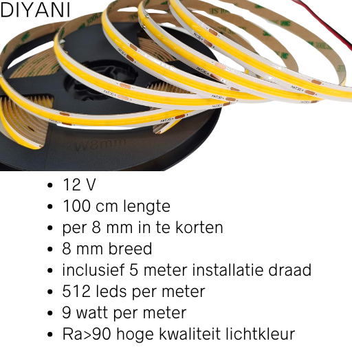 1 meter COB LED Strip - Warm Wit 3000K - 12V - inclusief 5 meter draad - 512 leds p/m - 9W p/m