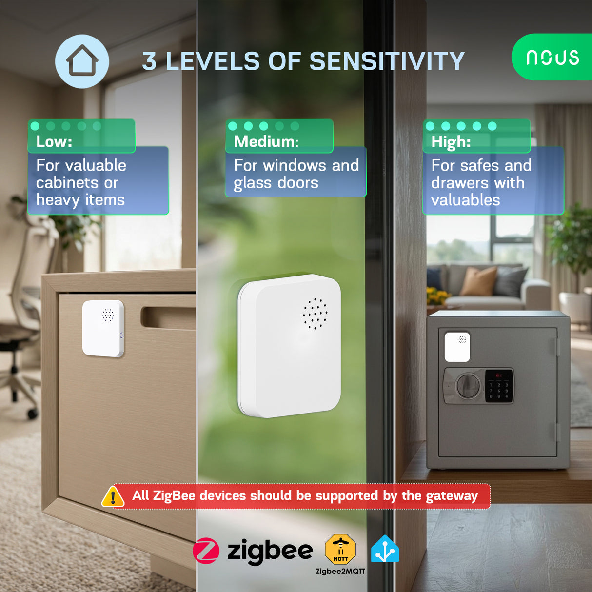 Nous E14 Zigbee Vibration Sensor with 80 dB Alarm for Doors, Windows, and Objects