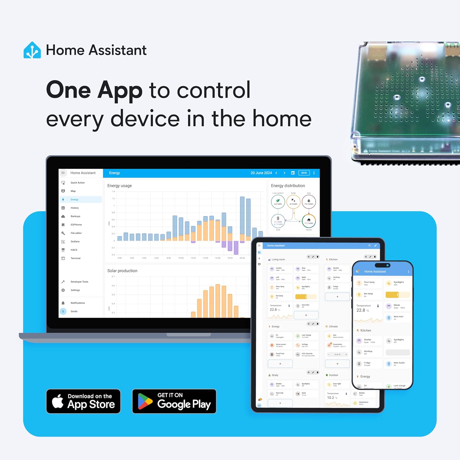 Home Assistant Green dashboard afgebeeld op een browser via laptop en via de app op een tablet en smartphone.