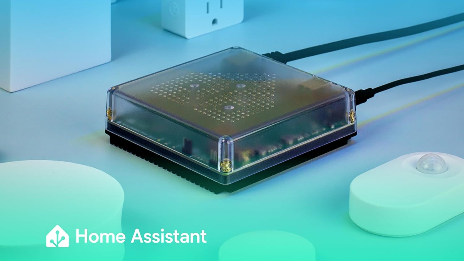 Home Assistant Green smart home HUB aangesloten met slimme apparaten om zich heen.