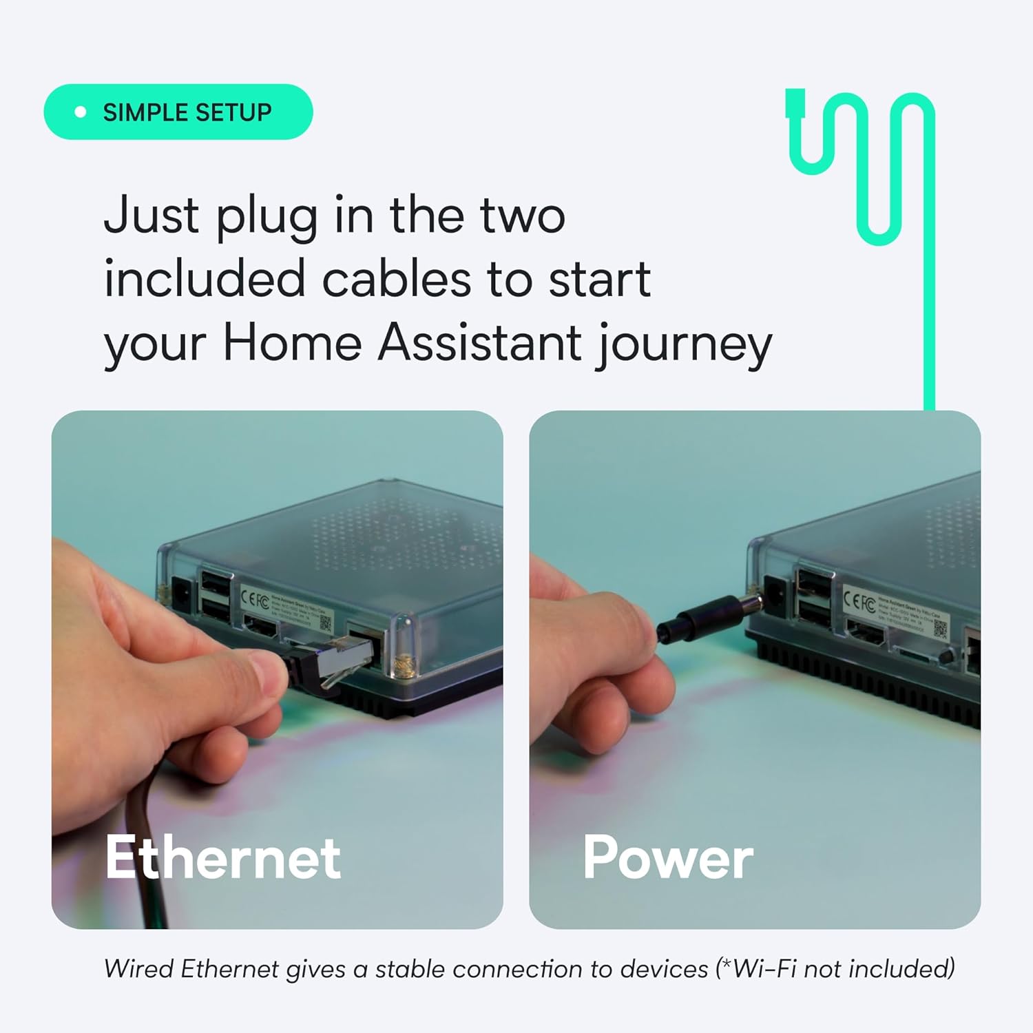 Er wordt afgebeeld hoe de ethernet- en stroomkabel aangesloten moeten worden om Home Assistant op te starten.