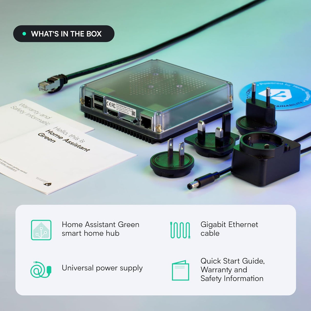Inhoud van het Home Assistant Green verpakking