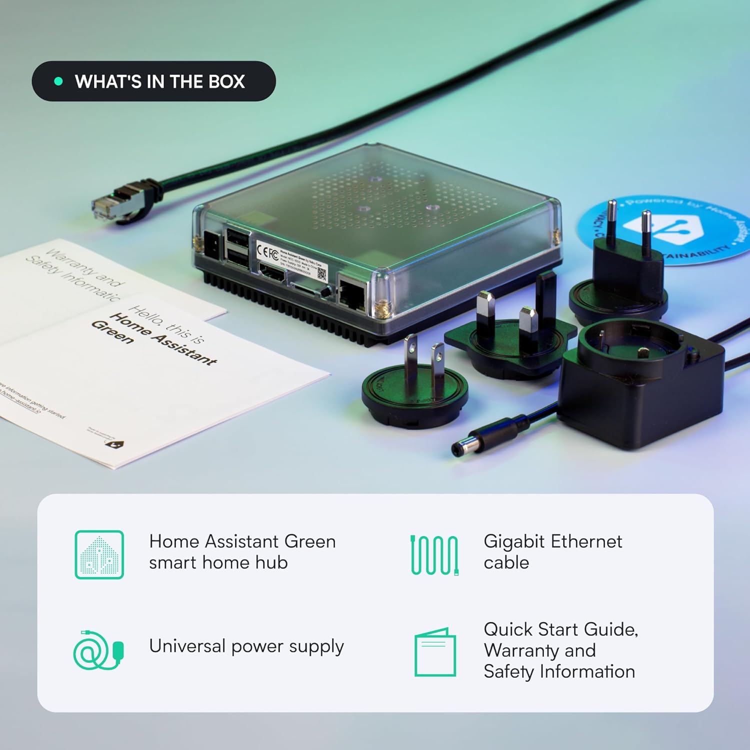 Inhoud van het Home Assistant Green verpakking
