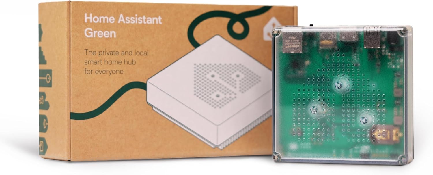 Home Assistant Green HUB met verpakking op achtergrond