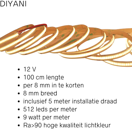 1 meter COB LED Strip - Warm Wit 3000K - 12V - inclusief 5 meter draad - 512 leds p/m - 9W p/m