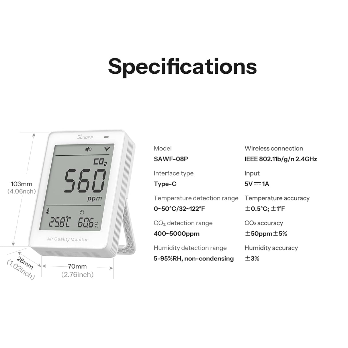 SONOFF AirGuard CO2 SAWF-08P Matter Wi-Fi Luchtkwaliteitsmonitor