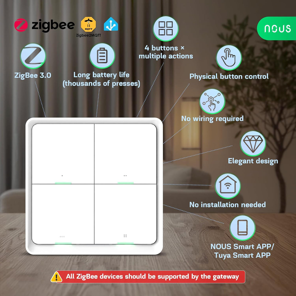 Nous C1 Zigbee 4-Knops Draadloze Schakelaar op Batterij voor Zigbee2MQTT en ZHA