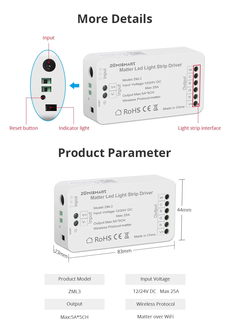 Zemismart ZML3 | Matter WiFi LED Strip Driver RGBCW (12-24V)