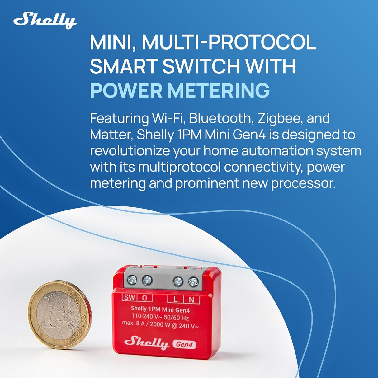 Shelly 1PM Mini Gen4 | Compacte inbouwschakelaar met stroommeting, Wi-Fi, Zigbee en Matter