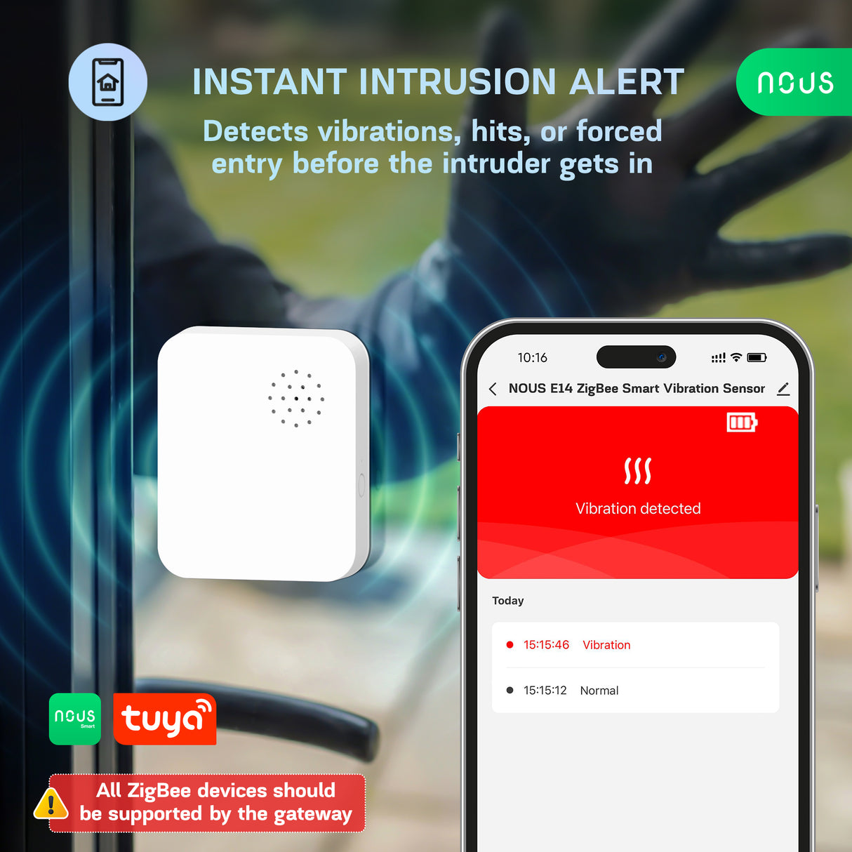 Nous E14 Zigbee Vibratiesensor met 80 dB Alarm voor Deuren, Ramen en Objecten