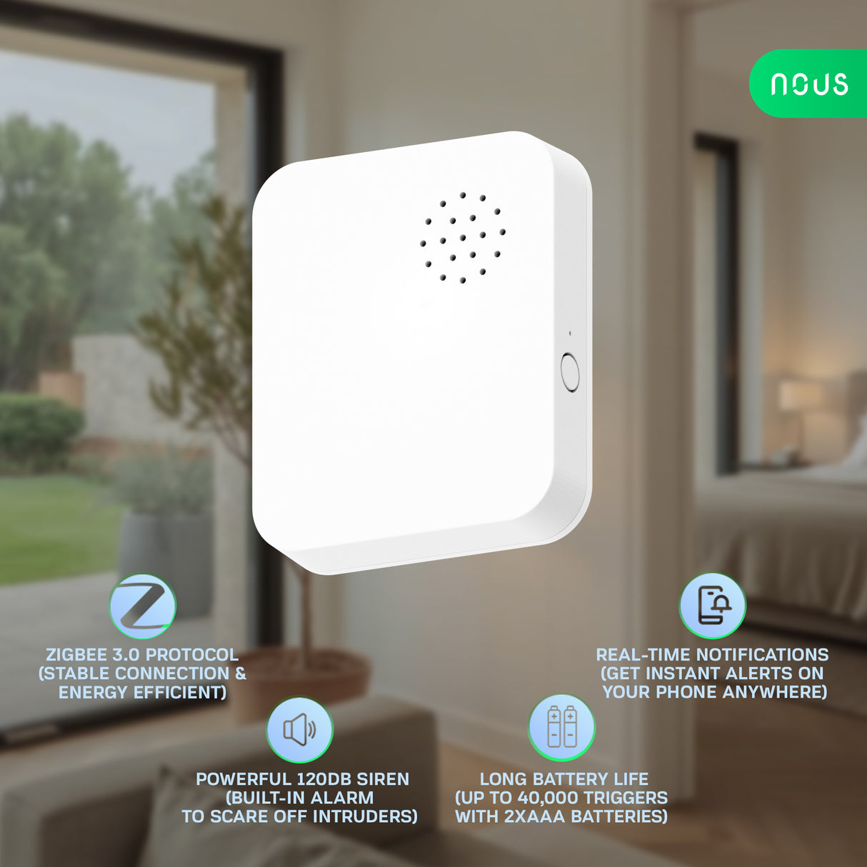 Nous E14 Zigbee Vibratiesensor met 80 dB Alarm voor Deuren, Ramen en Objecten