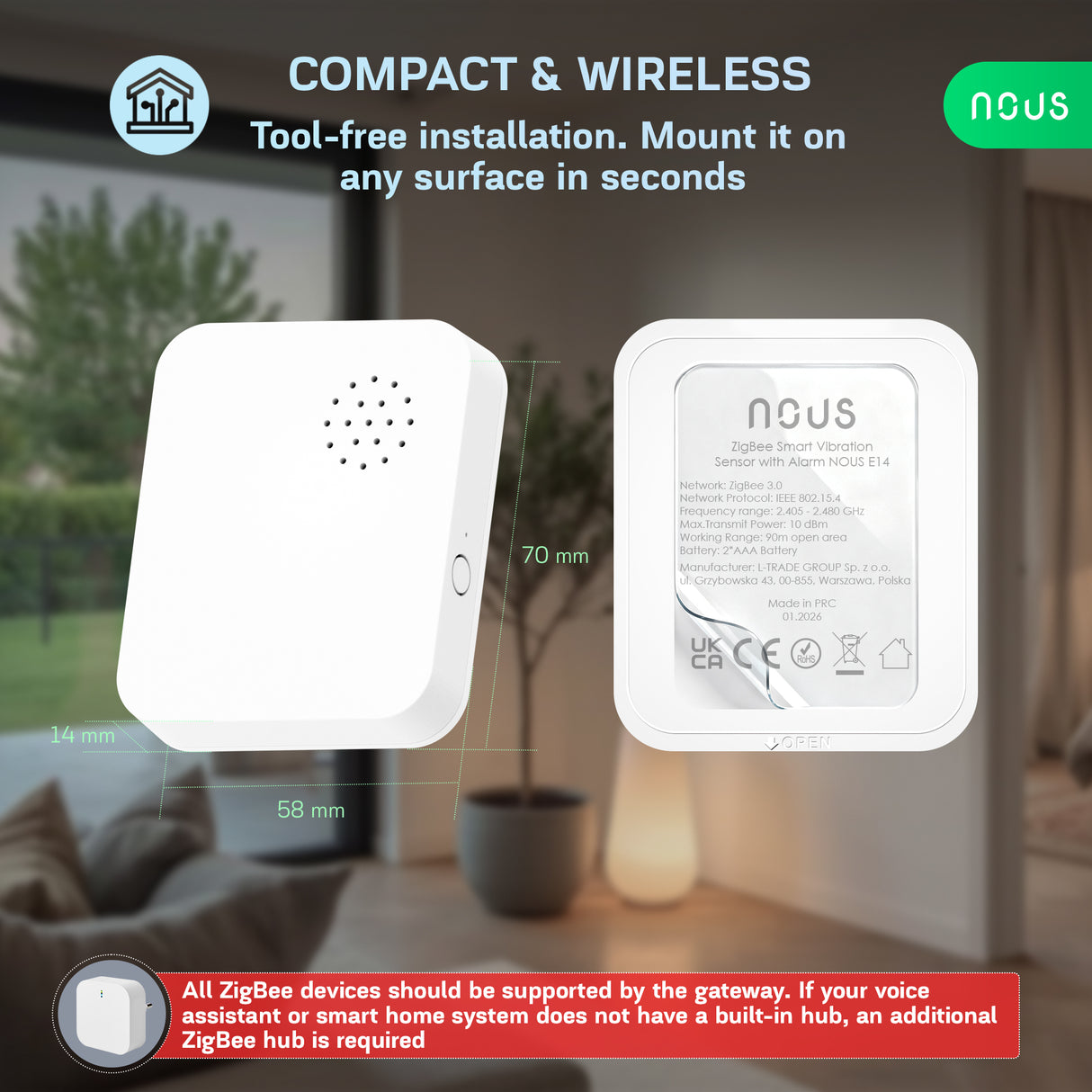Nous E14 Zigbee Vibratiesensor met 80 dB Alarm voor Deuren, Ramen en Objecten