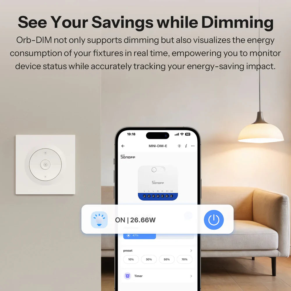 Sonoff MINI-DIM-E Orb-DIM Matter Wanddimmer met drukbare wandschakelaar-voorplaat