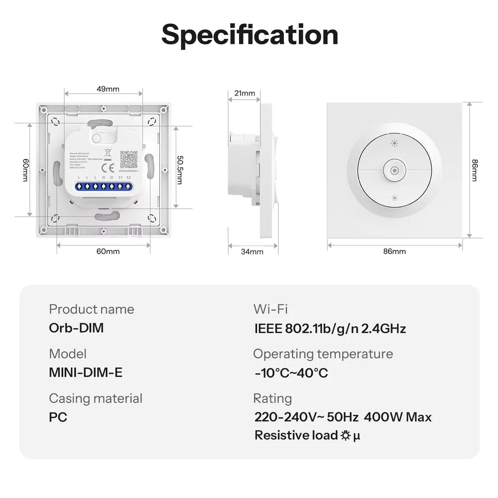 Sonoff MINI-DIM-E Orb-DIM Matter Wanddimmer met drukbare wandschakelaar-voorplaat