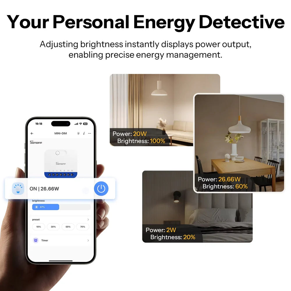Sonoff MINI-DIM Smart Dimmer Matter over Wi-Fi Module met Energiemonitor