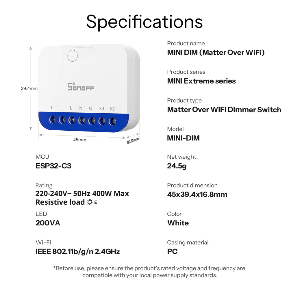 Sonoff MINI-DIM Smart Dimmer Matter over Wi-Fi Module met Energiemonitor