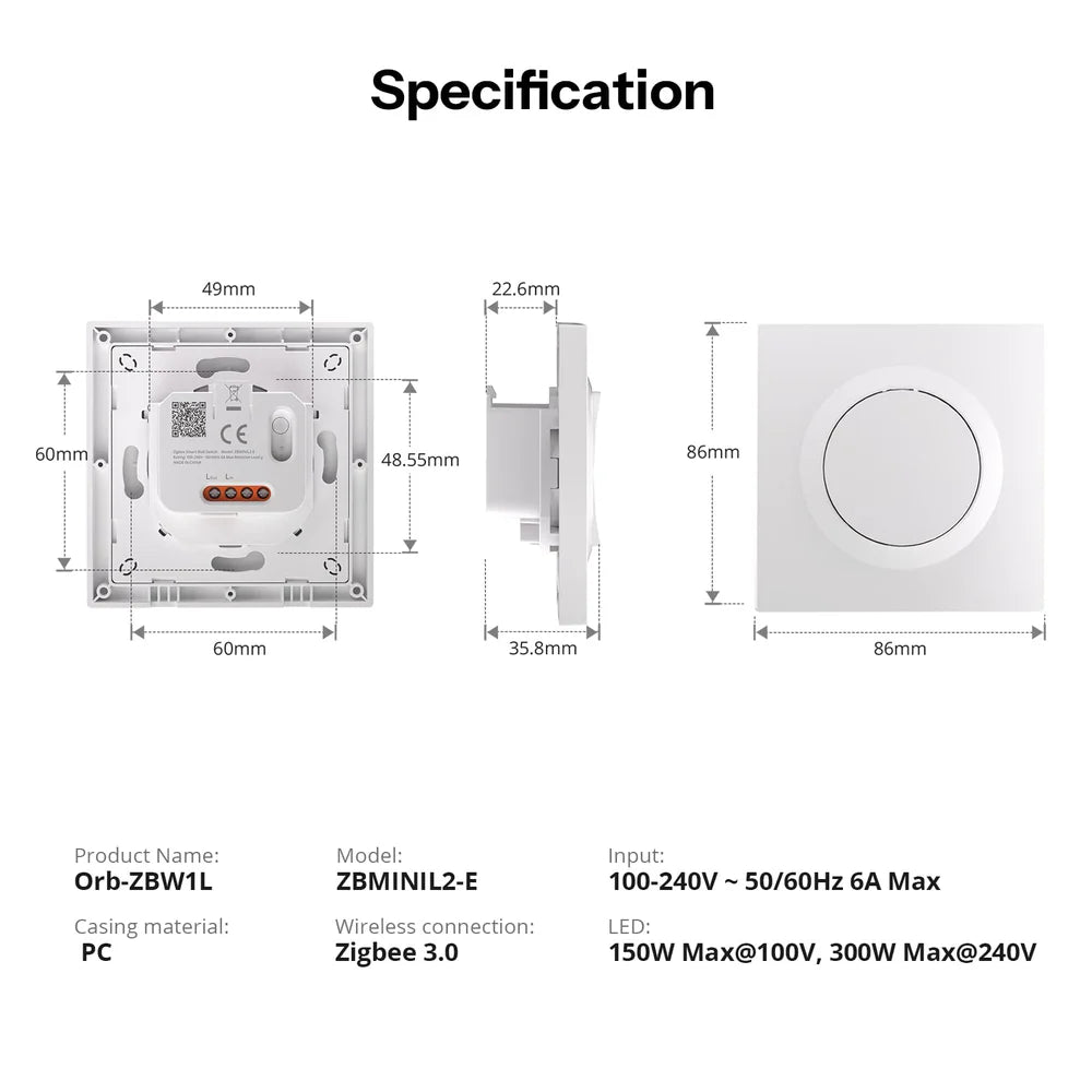 SONOFF ZBMINIL2-E | Orb-ZBW1L Zigbee wandschakelaar zonder neutraaldraad