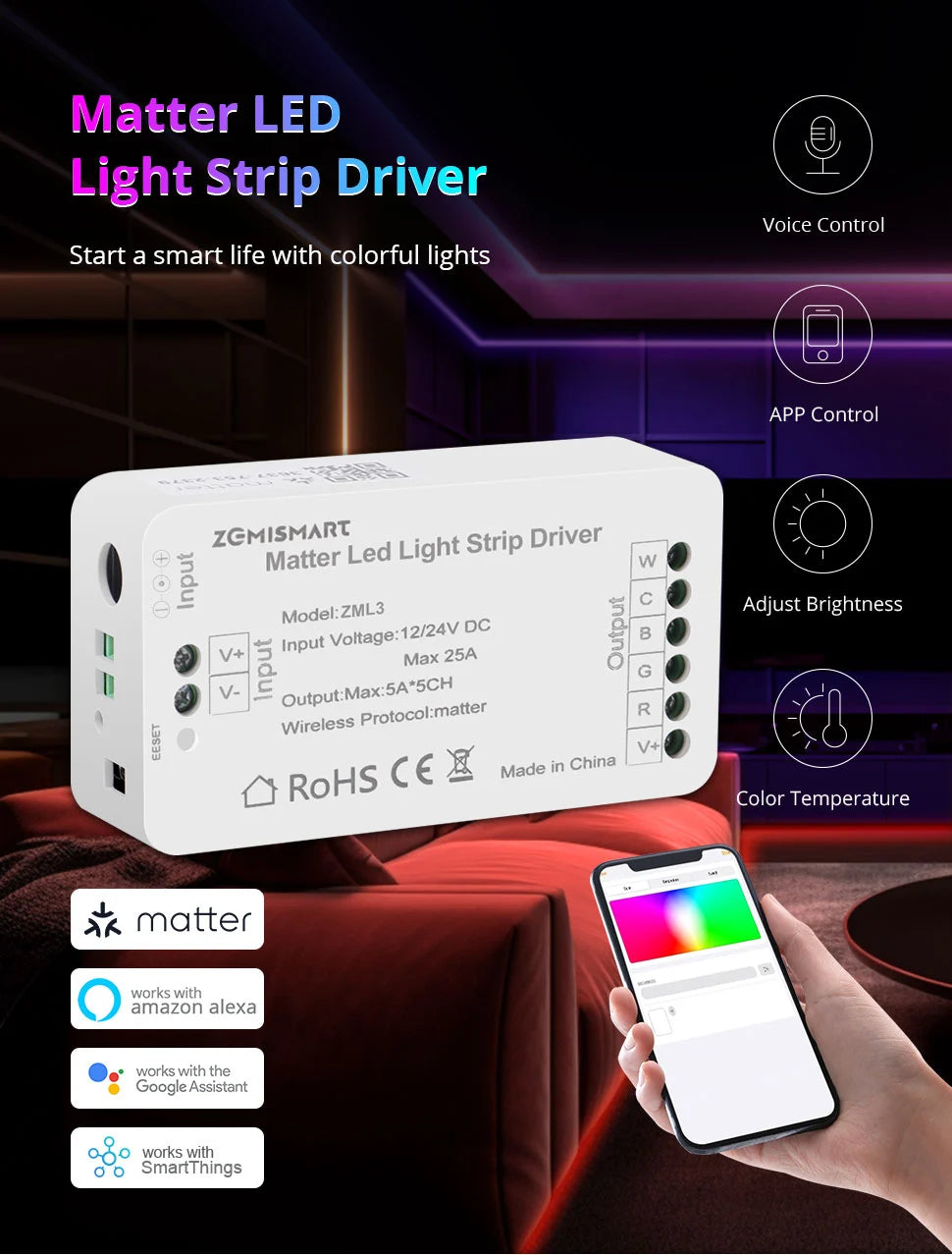 Zemismart ZML3 | Matter WiFi LED Strip Driver RGBCW (12-24V)