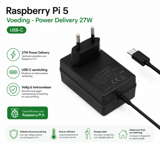 27W USB-C PD Voeding (5.1V / 5A) | Voor Raspberry Pi 5, Pi 4 & Smart Home
